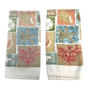 Set Of 2 Coastal Themed Kitchen Hand Towels Seashells & Starfish 17" X 25" READ